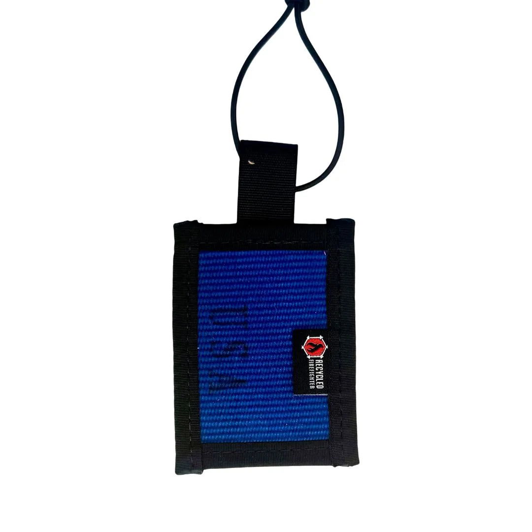 Blue Firehose Luggage Tag by Recycled Firefighter featuring a durable, firehose-inspired design for travel identification.