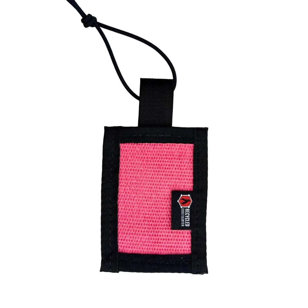 Pink Firehose Luggage Tag by Recycled Firefighter featuring a durable, colorful firehose design for easy luggage identification.