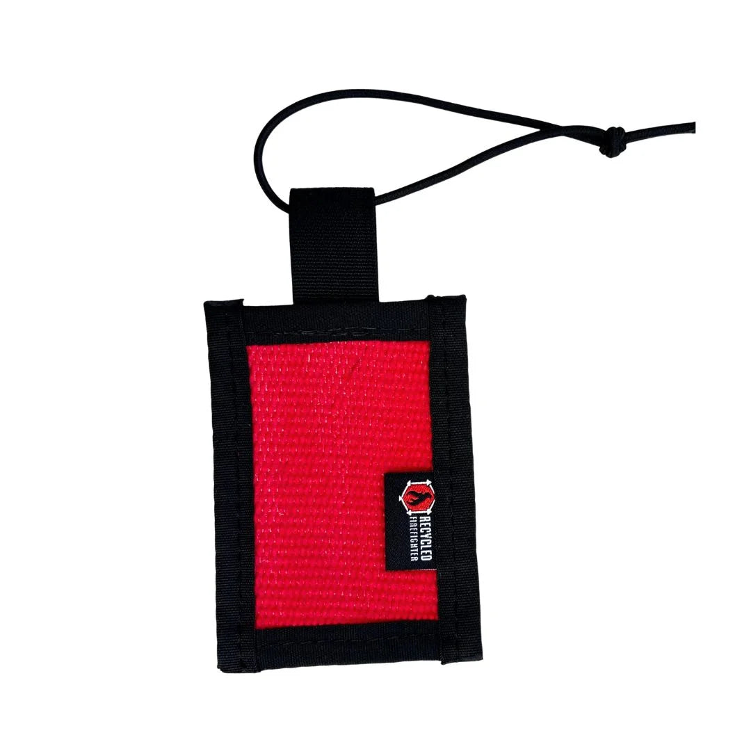 Red Firehose Luggage Tag by Recycled Firefighter featuring a durable, firehose-inspired design for easy identification.