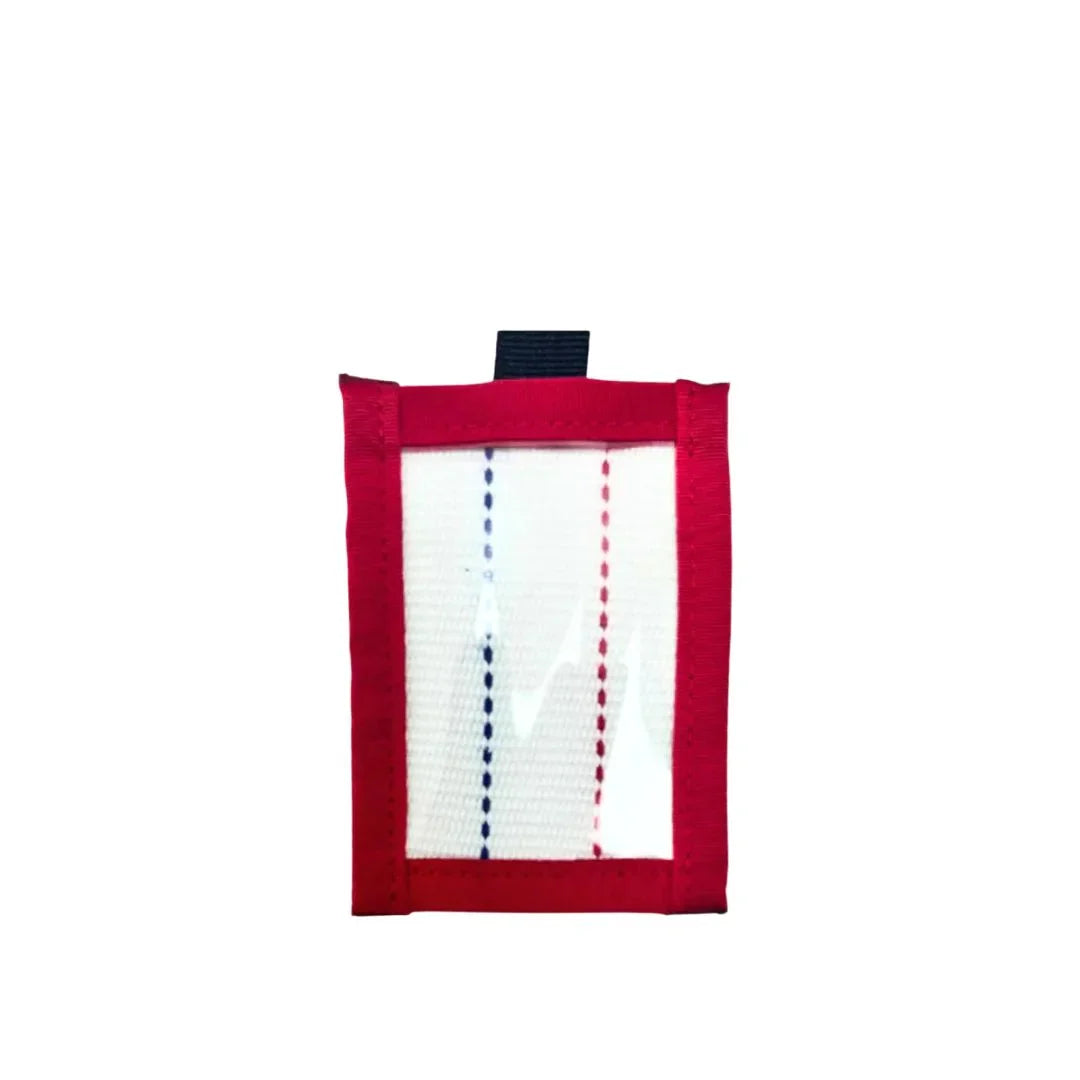 Red, white, and blue Firehose Luggage Tag by Recycled Firefighter showing a durable, recycled firefighter-themed design for luggage identification.