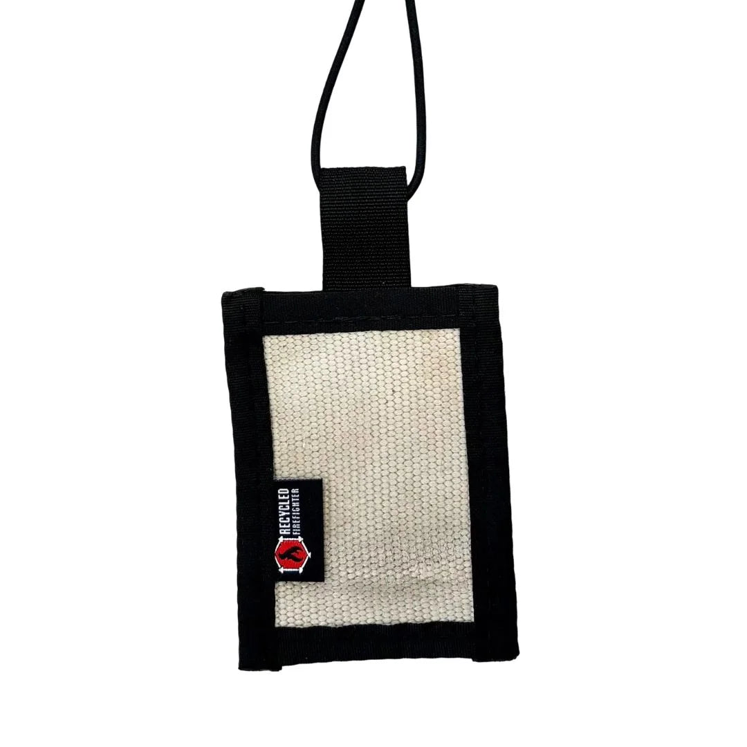 White Firehose Luggage Tag by Recycled Firefighter, durable tag with firehose design for travel accessories.