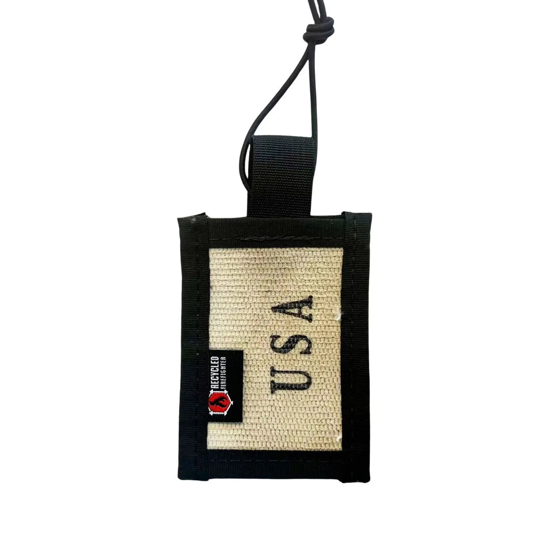 White Firehose Luggage Tag by Recycled Firefighter featuring durable firehose material with USA design