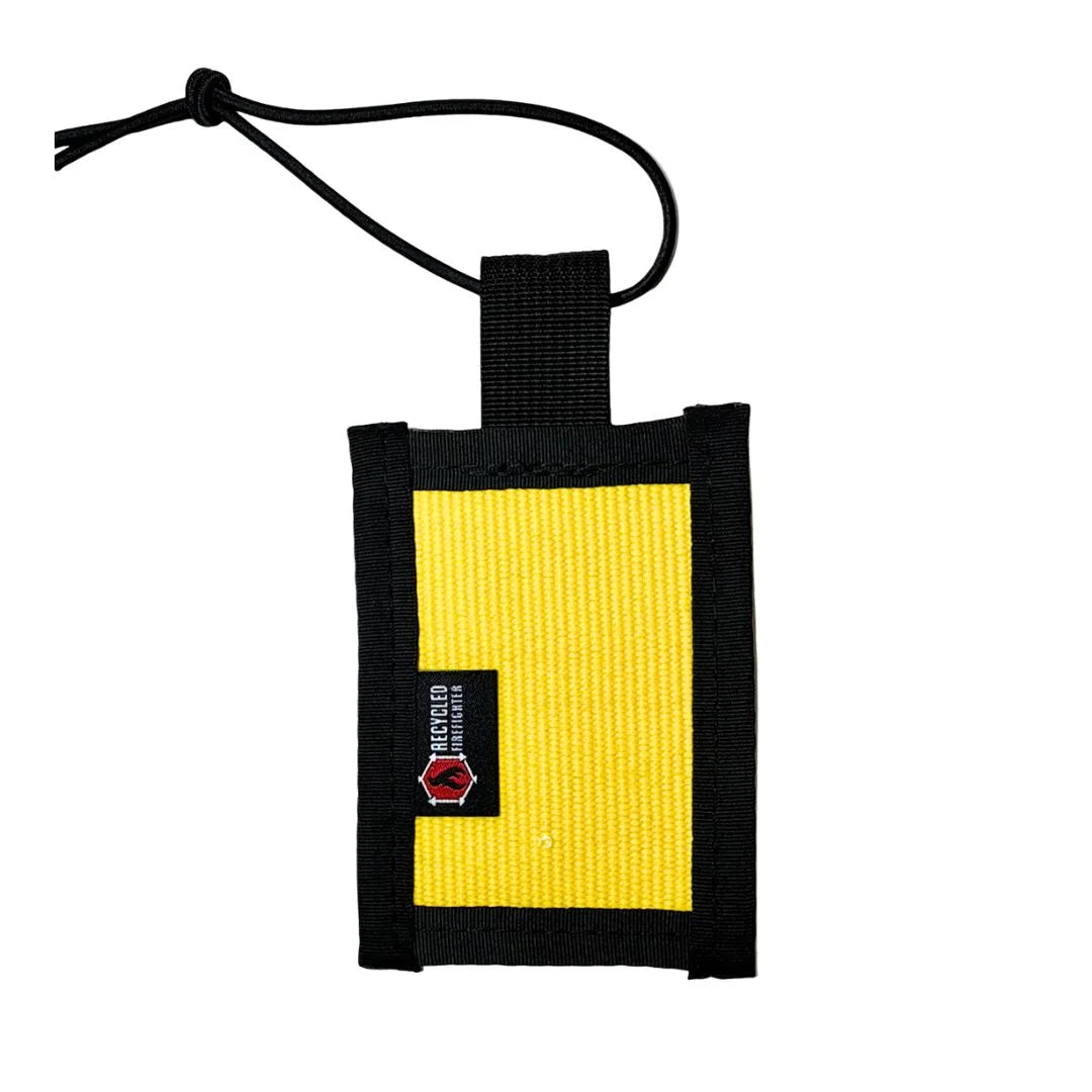 Yellow Firehose Luggage Tag by Recycled Firefighter featuring a durable, firehose-inspired design for travel accessories.
