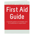 Pocket-size first aid guide with CPR and AED instructions from quakekits.com, featuring clear illustrations and compact design.