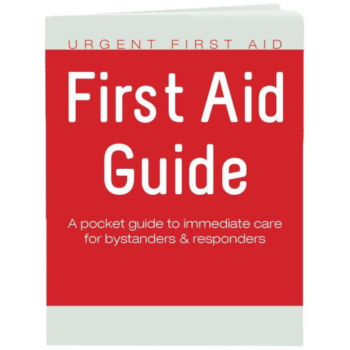 Pocket-size first aid guide with CPR and AED instructions from quakekits.com, featuring clear illustrations and compact design.