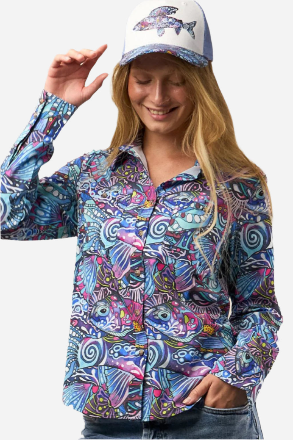 FisheWear Enchanted Grayling Signature fishing sunshirt with lightweight fabric and long sleeves, ideal for outdoor fishing activities.