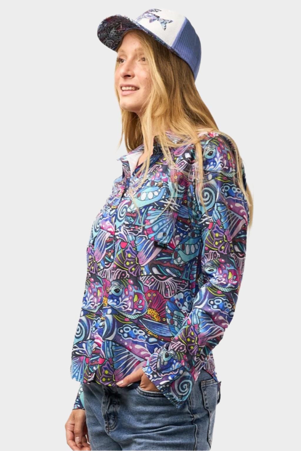 Gray FisheWear Enchanted Grayling Signature fishing sunshirt displayed on a hanger, showcasing lightweight fabric and casual fit.
