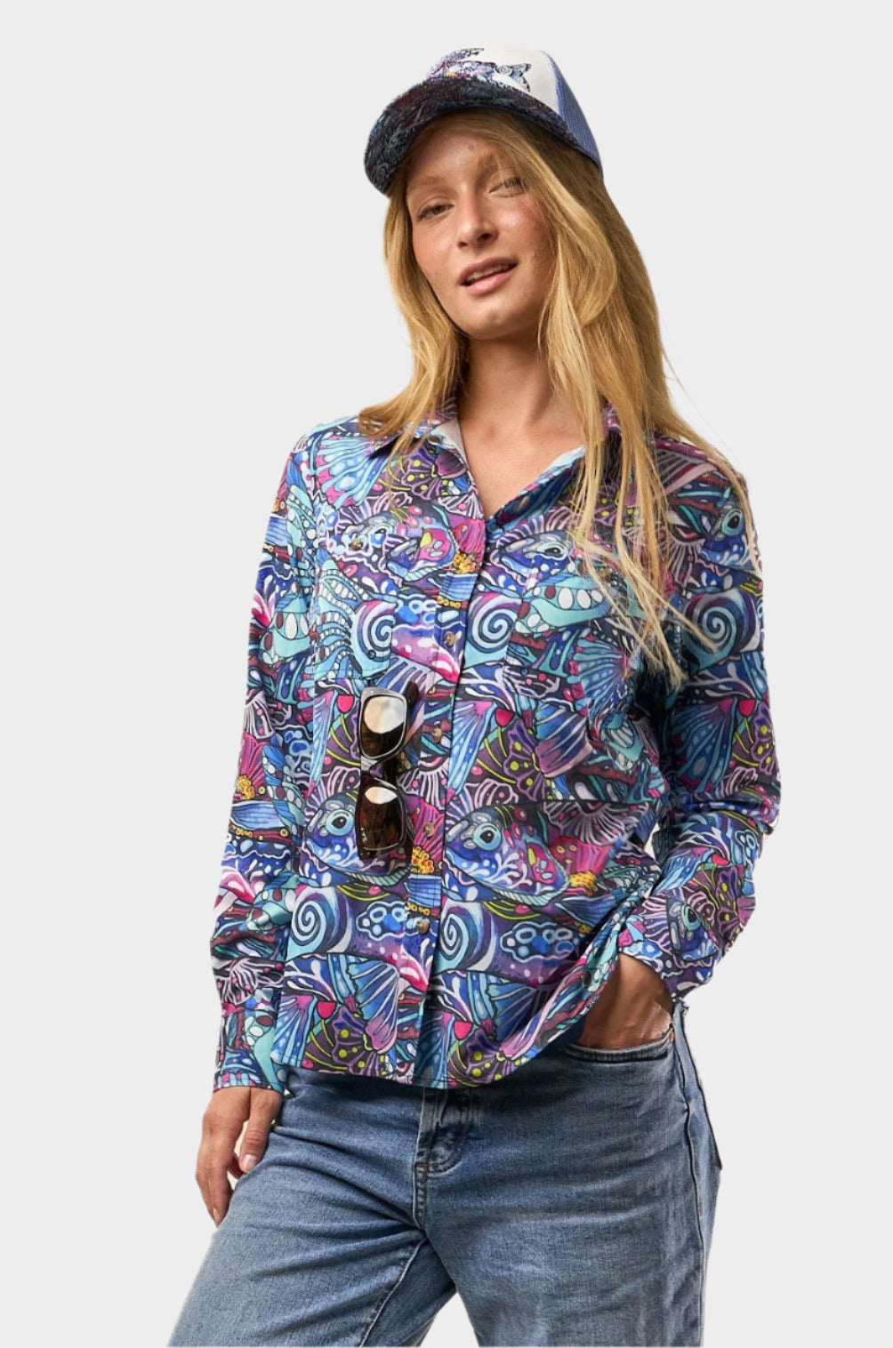Gray Enchanted Grayling Signature fishing sunshirt by FisheWear, featuring lightweight fabric and fishing-inspired design.