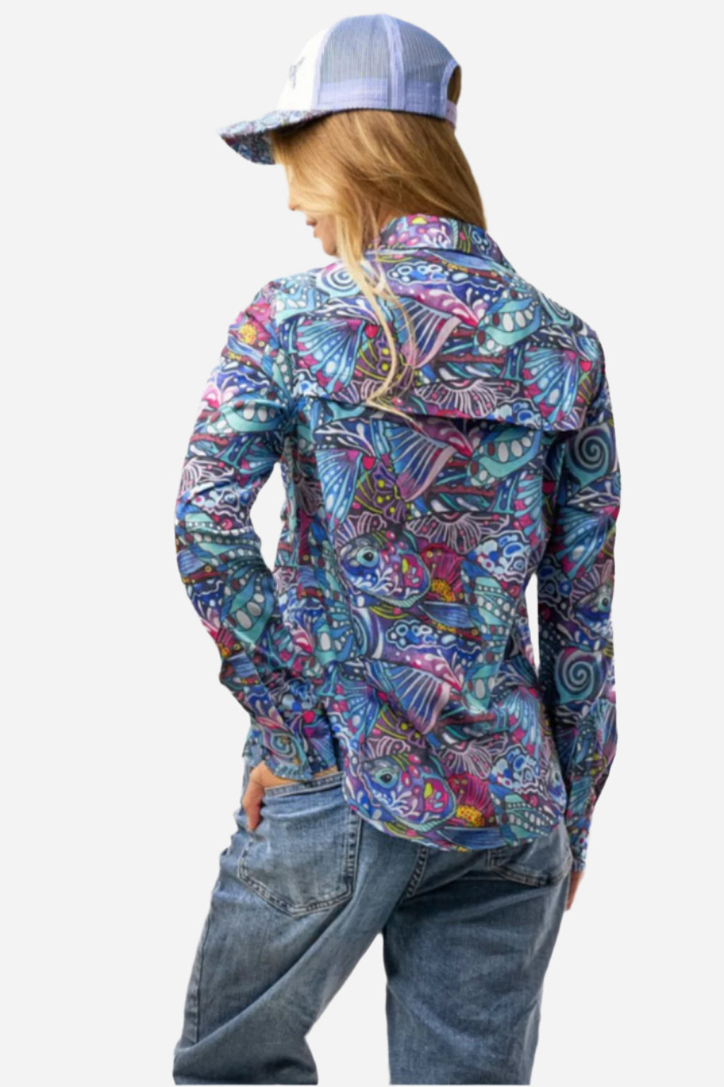 FisheWear Enchanted Grayling Signature Fishing Sunshirt with gray and blue tones, lightweight fabric, and fishing-themed design.
