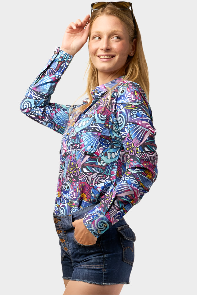 FisheWear Enchanted Grayling Signature fishing sunshirt featuring a lightweight fabric and grayling design, ideal for outdoor fishing.