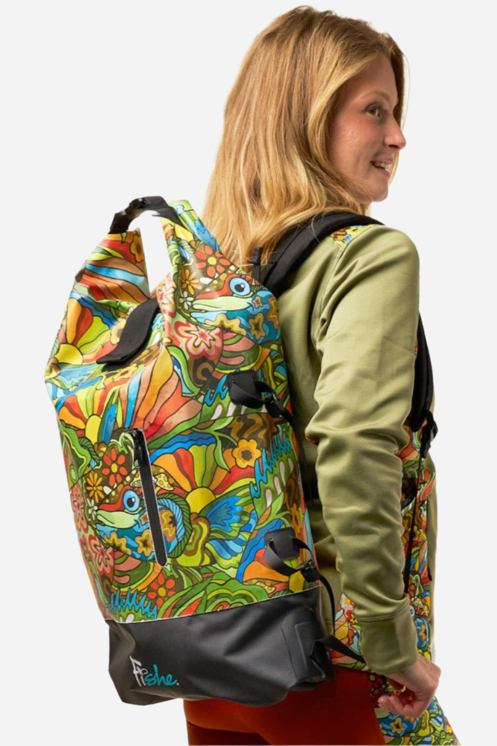 FisheWear Boho Bass Backpack dry bag with adjustable straps and waterproof material, designed for outdoor and water activities.