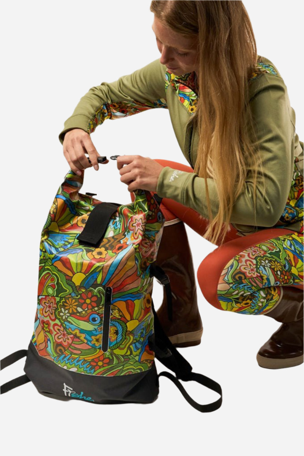 FisheWear Boho Bass Backpack Dry Bag in black with adjustable straps, designed for outdoor water activities and camping.