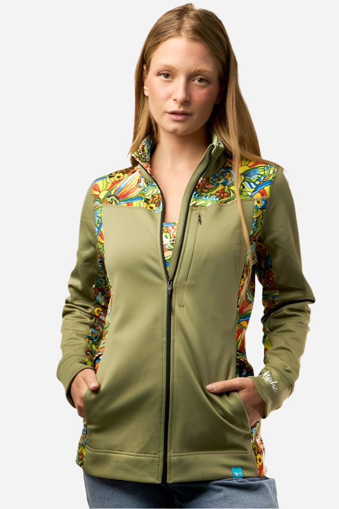 FisheWear boho bass midlayer jacket featuring a stylish, casual design with a relaxed fit and earthy tones.