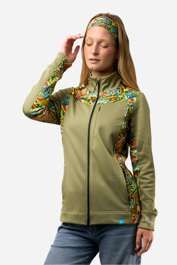 FisheWear Boho Bass midlayer jacket in earthy tones, featuring a relaxed fit and bohemian-inspired design, suitable for outdoor wear.