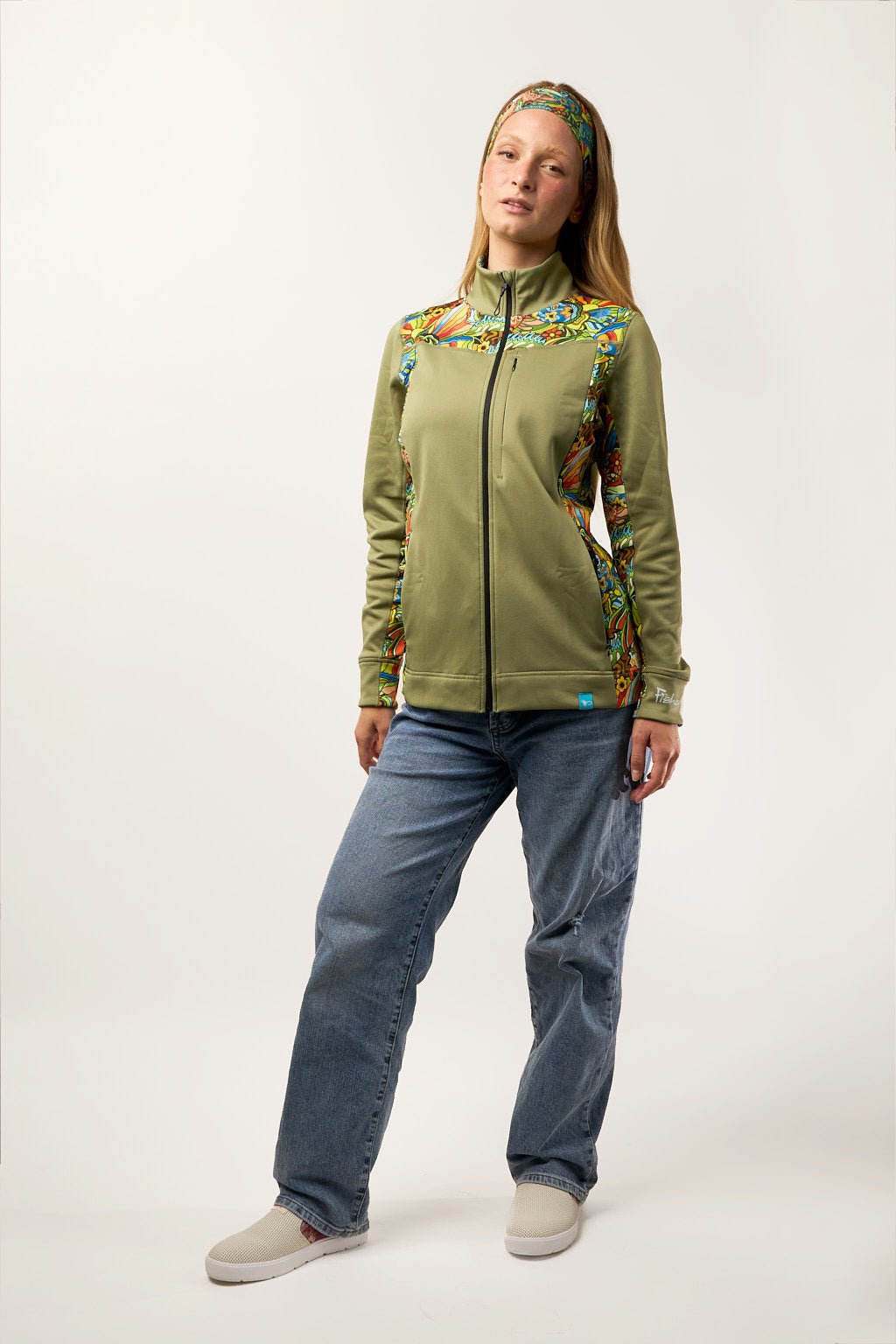 FisheWear Boho Bass Midlayer Jacket in earthy tones, featuring a relaxed fit and bohemian style, suitable for layered outdoor wear.