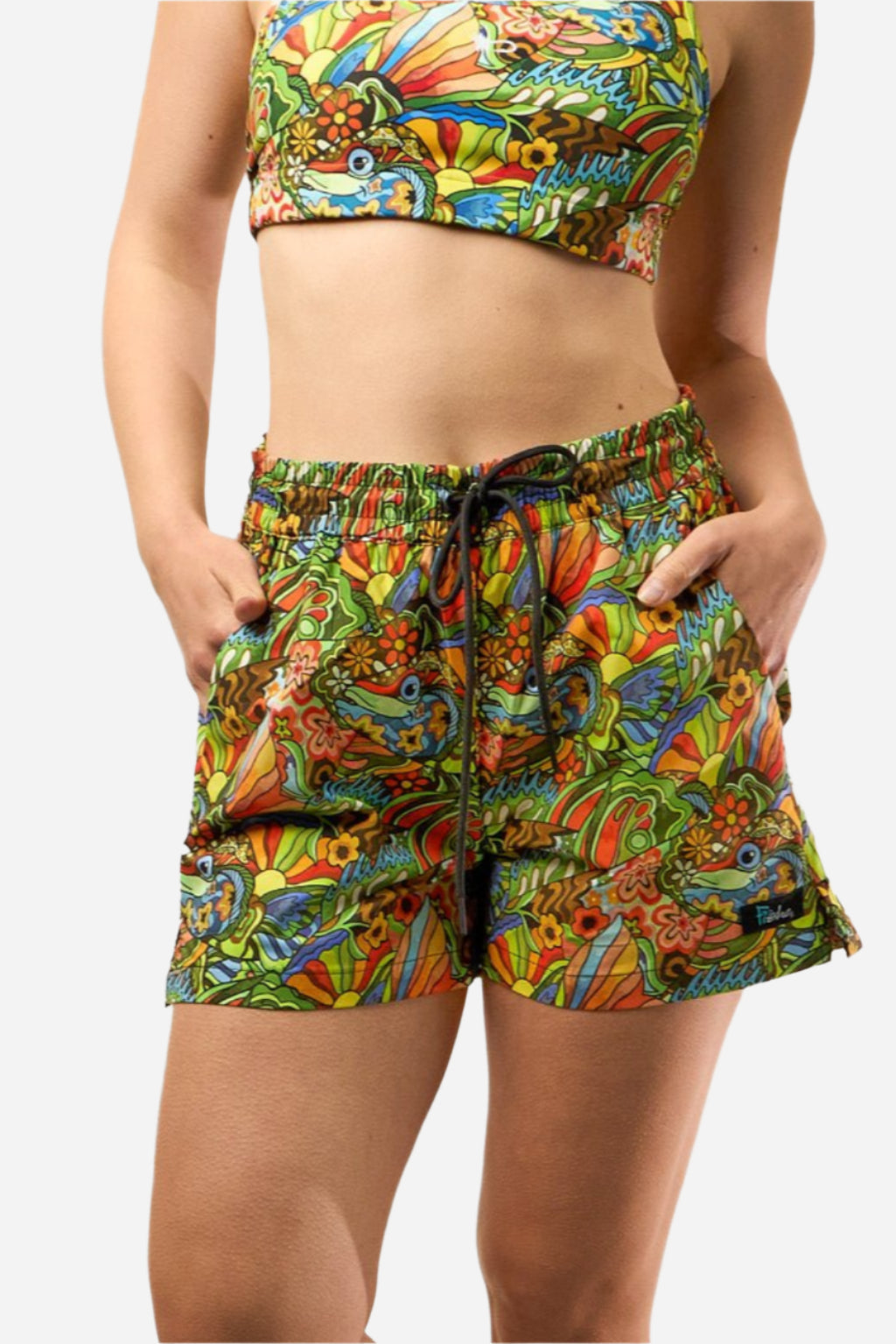 FisheWear Boho Bass River Shorts displayed on a model, featuring a relaxed fit and bohemian style in soft fabric.