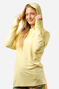 FisheWear Sunshower Yellow Stonefly sunshirt displayed on a model, lightweight sun protection shirt for outdoor activities.
