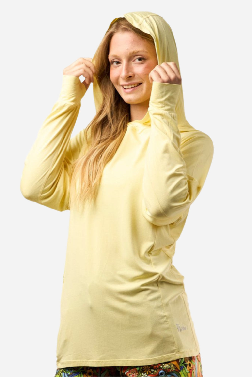 FisheWear Sunshower Yellow Stonefly sunshirt displayed on a model, lightweight sun protection shirt for outdoor activities.