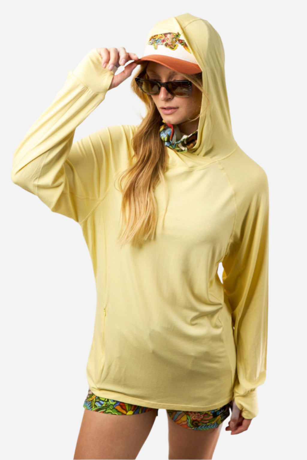 FisheWear Sunshower Yellow Stonefly sunshirt on model, lightweight UV-protective outdoor clothing for sun protection.