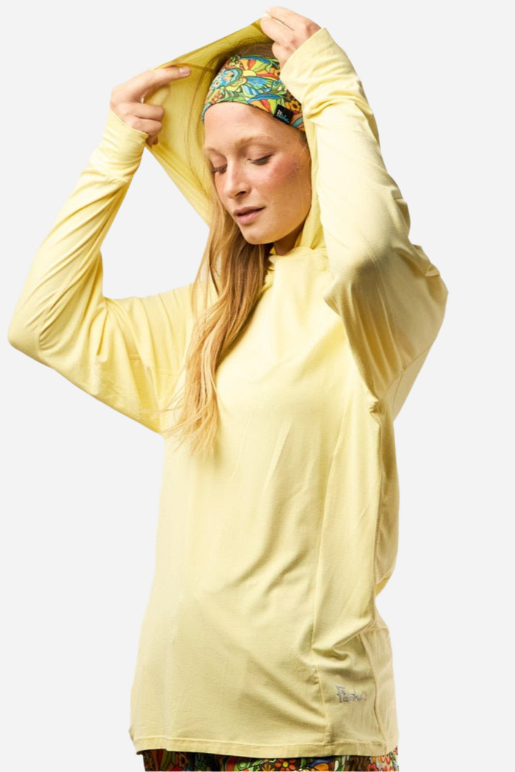 Yellow Stonefly Sunshirt by FisheWear, lightweight sunshirt with long sleeves and sun protection fabric, shown on model.