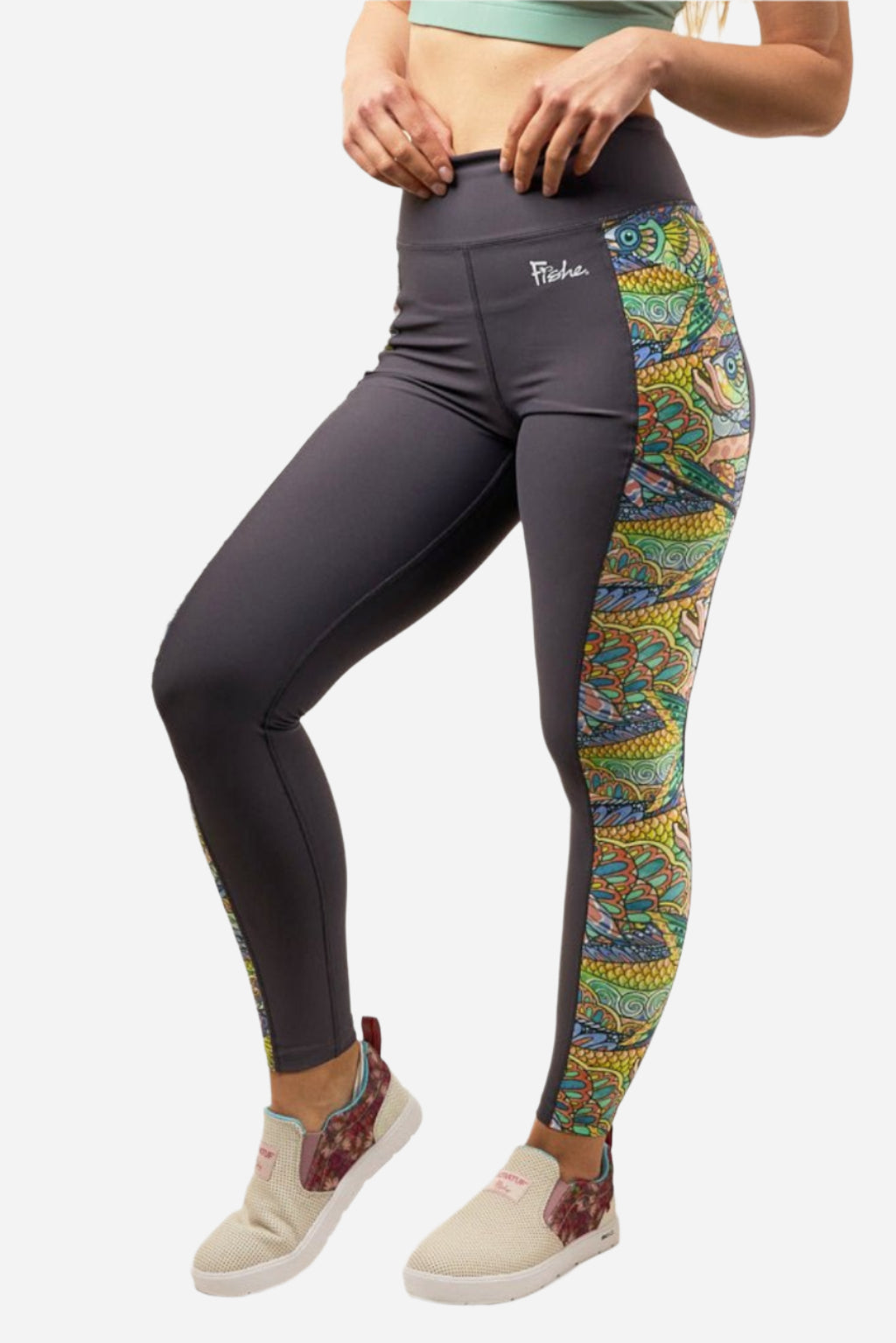 FisheWear Tropical Tarpon Pocket Leggings featuring colorful tarpon fish print, stretchable fabric, and side pockets for comfort and style.