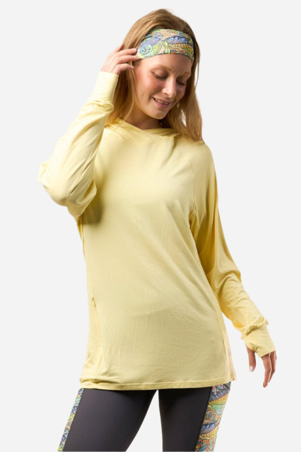 FisheWear Sunshower Yellow Stonefly sunshirt displayed on a model, featuring lightweight fabric and sun protection design.