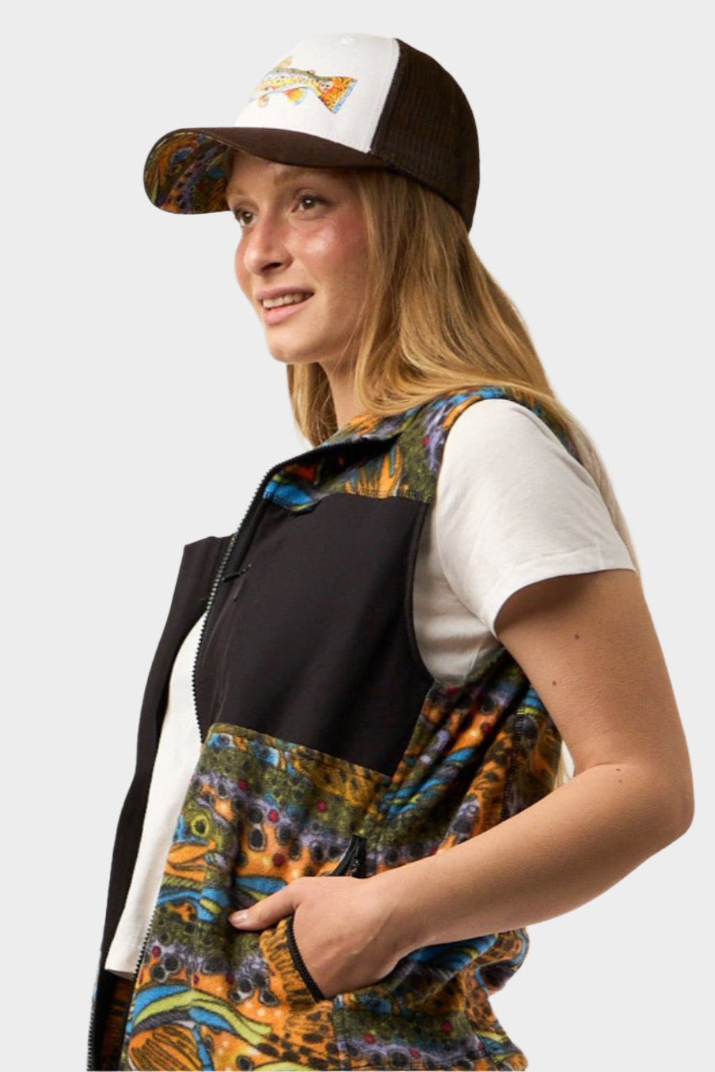 FisheWear Unbound Brown Fleece Vest displayed on a model, showcasing its cozy fleece fabric and stylish fit.