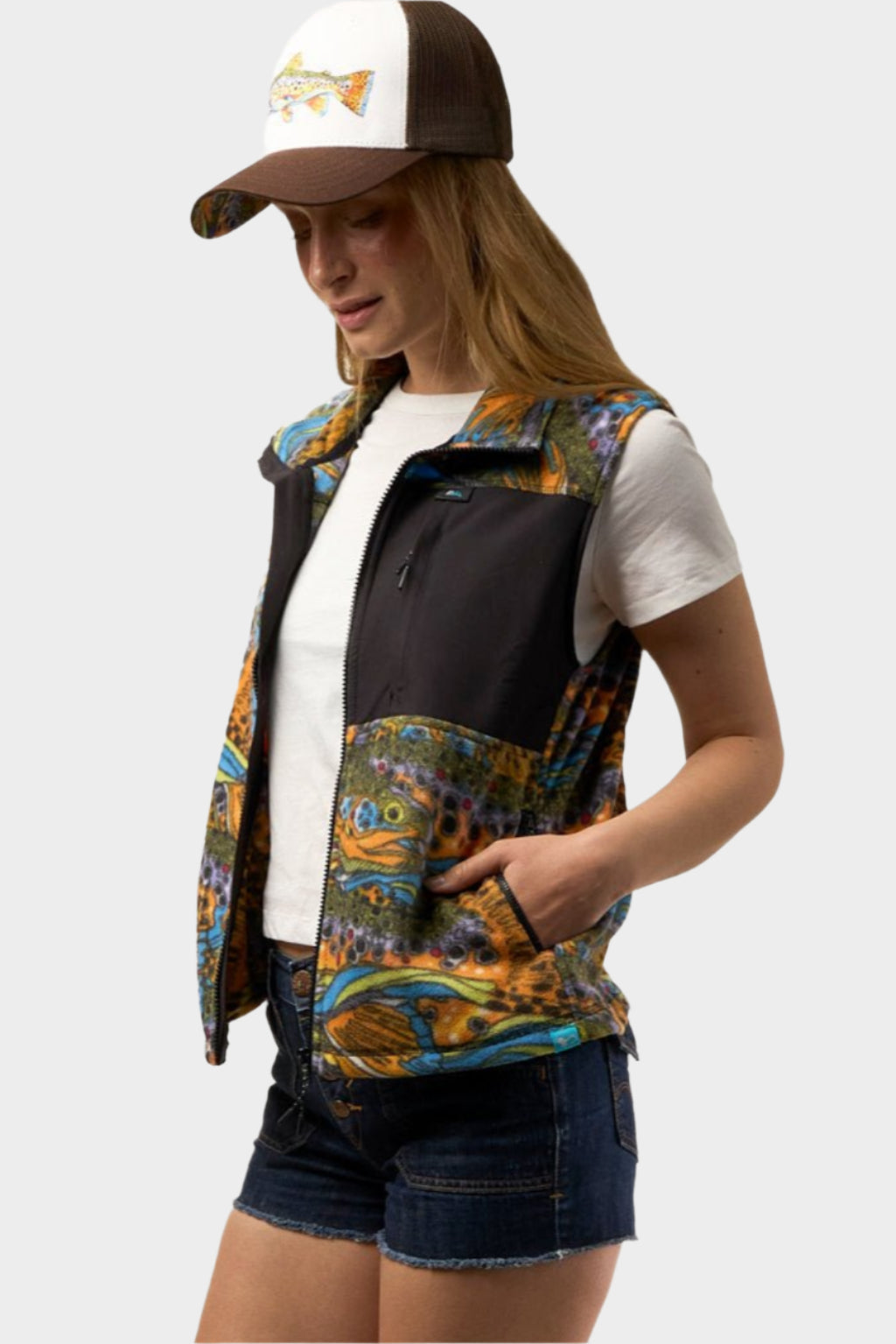FisheWear brown fleece vest from Unbound collection, soft fleece fabric, and casual fit, displayed on a mannequin.