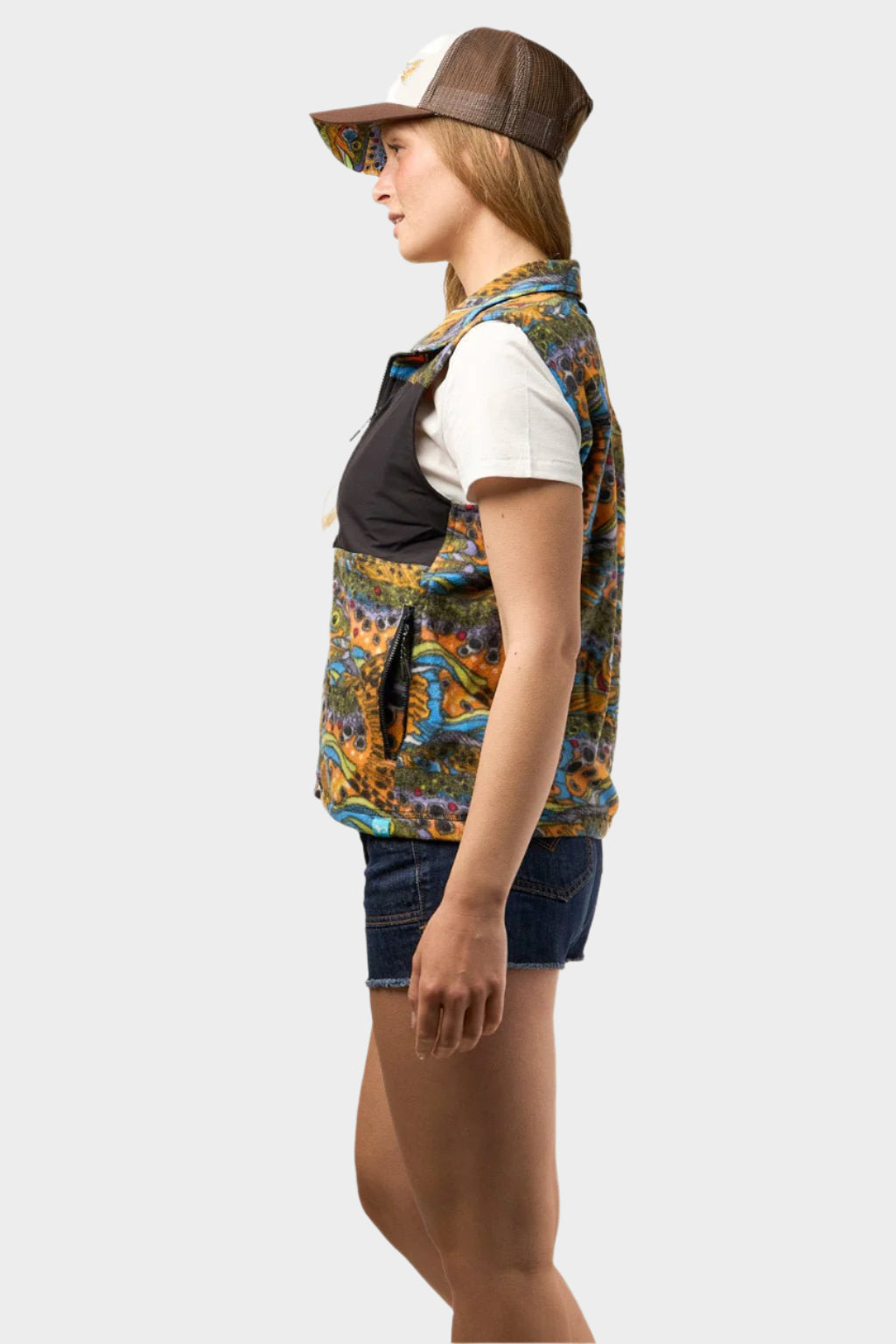 FisheWear Unbound brown fleece vest displayed on a model, showcasing the soft fleece fabric and stylish relaxed fit.