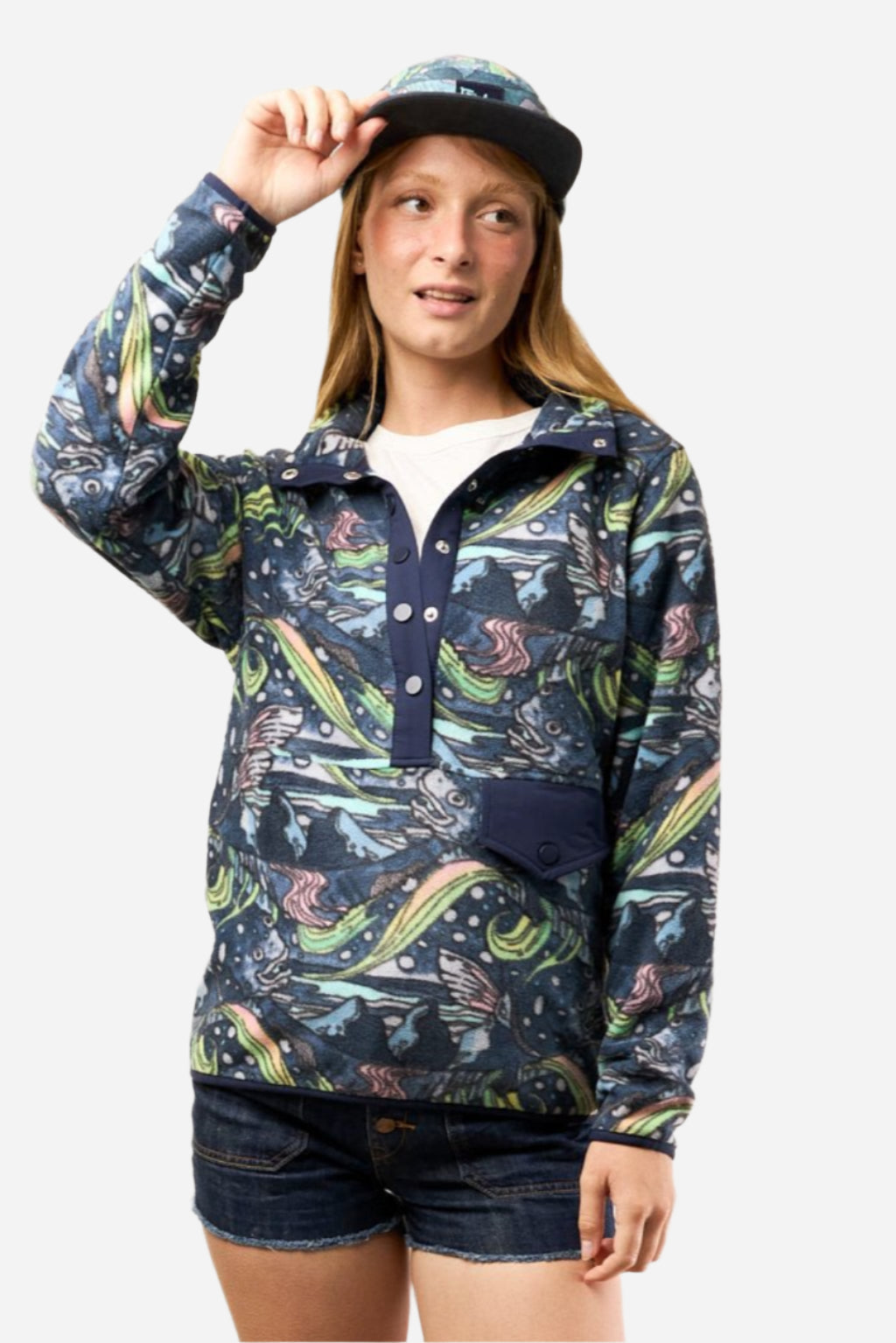 FisheWear HaliBorealis Riffle Snap Fleece in navy with snap buttons, cozy fleece fabric, and fleece-lined collar.