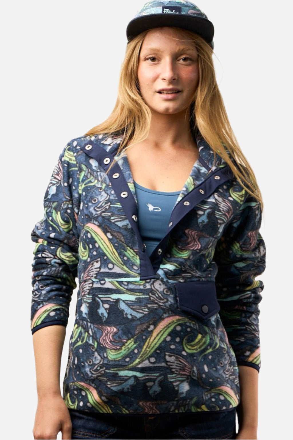 FisheWear HaliBorealis Riffle Snap Fleece in navy, cozy fleece jacket with snap buttons, outdoor-ready and stylish for cold weather.
