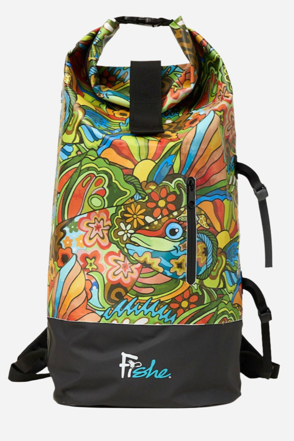 FisheWear Boho Bass Dry Bag backpack in navy with adjustable straps, designed for outdoor waterproof storage, on a white background.