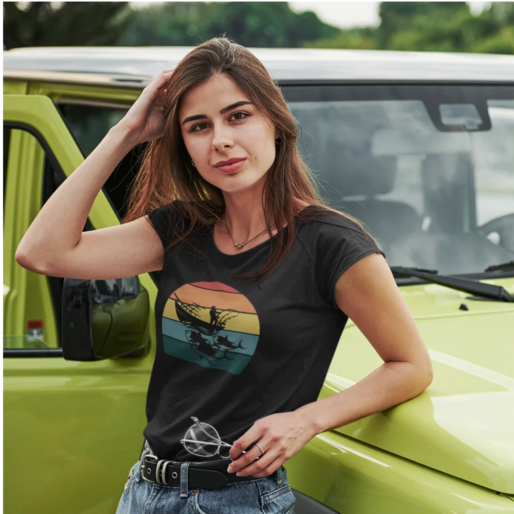 Black women's fishing boat T-shirt by Outdoorzees featuring a boat graphic on the front, casual and comfortable fit.