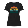 Black women's fishing boat T-shirt by Outdoorzees featuring a nautical fishing boat graphic on soft cotton fabric.