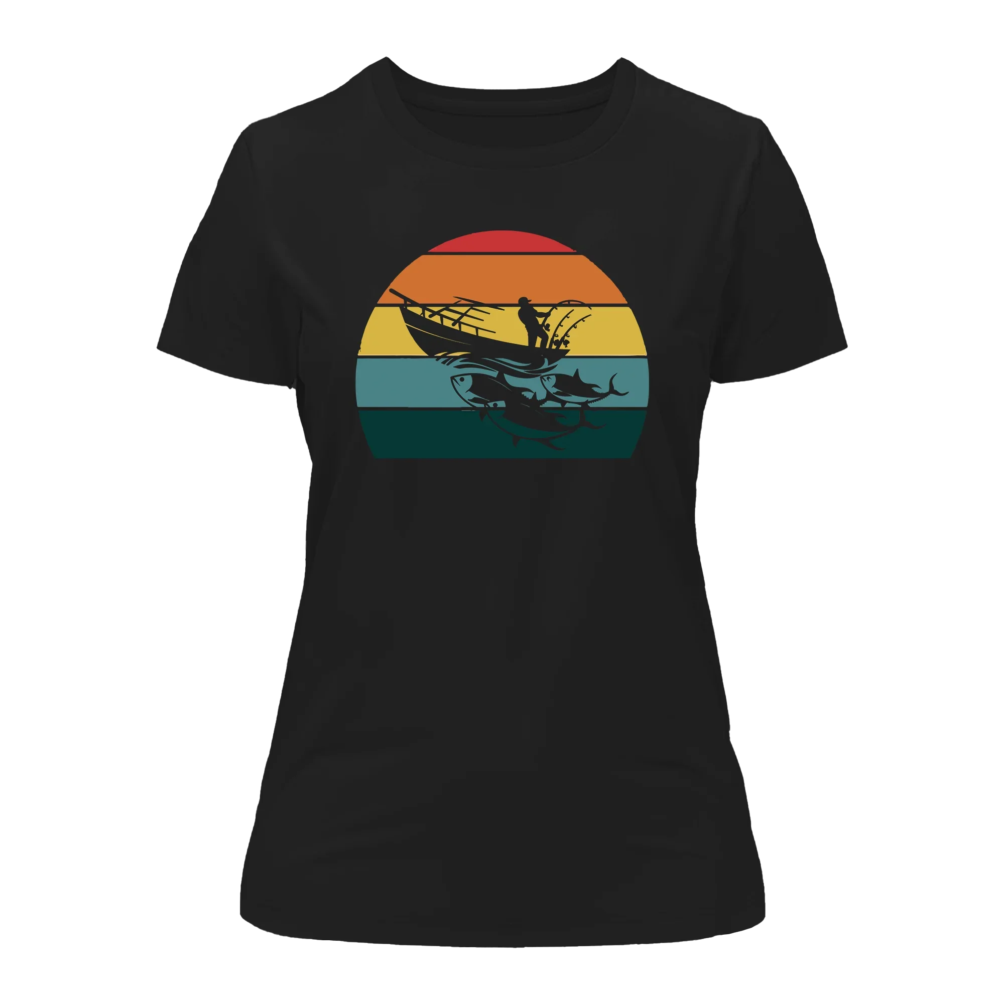 Black women's fishing boat T-shirt by Outdoorzees featuring a nautical fishing boat graphic on soft cotton fabric.