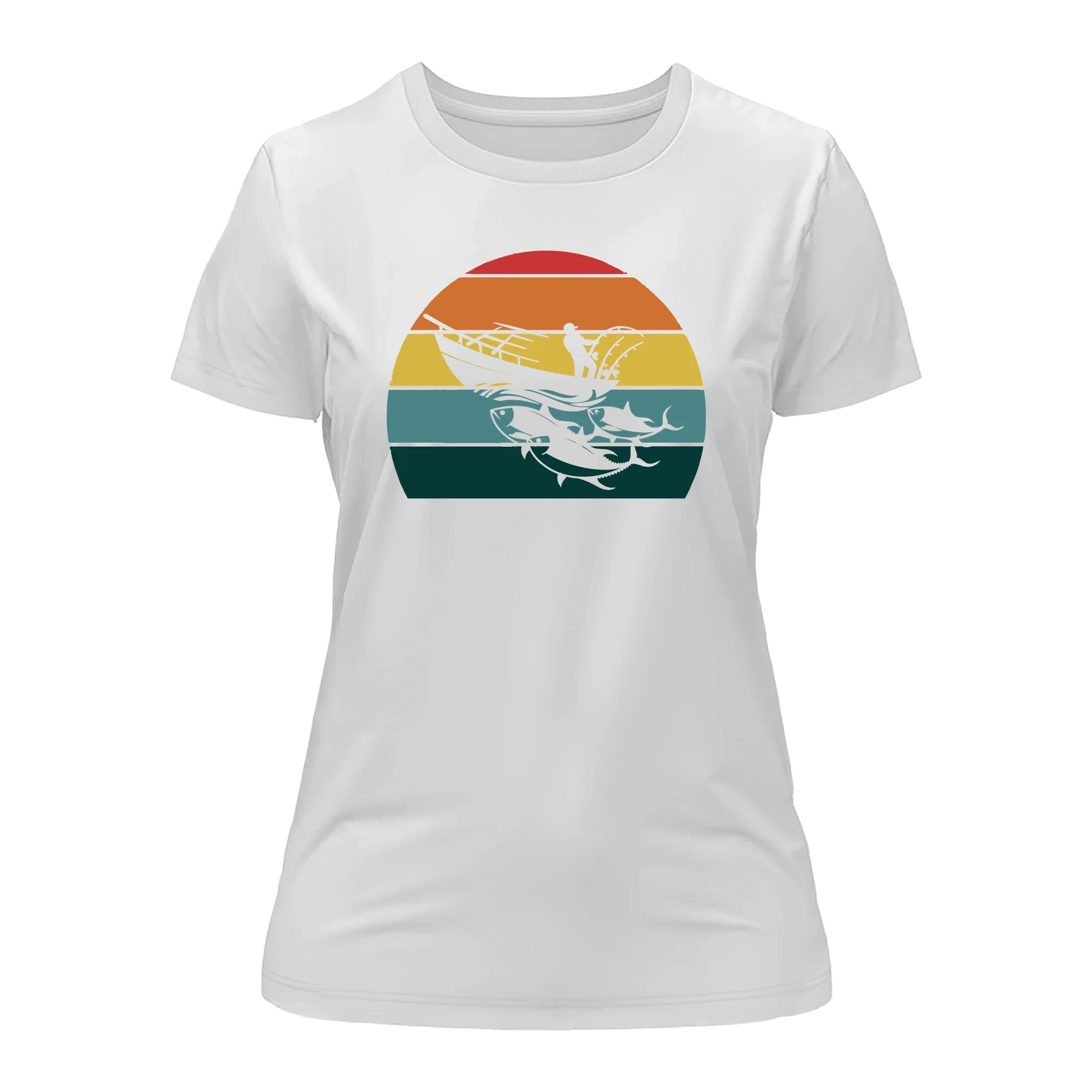 White Outdoorzees women's fishing boat T-shirt with boat graphic, casual short-sleeve design perfect for outdoor fishing enthusiasts.