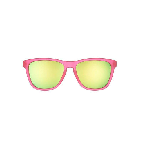 Rare Air Discs Flamingos On A Booze Cruise OG premium sunglasses with vibrant flamingo design, viewed straight on.