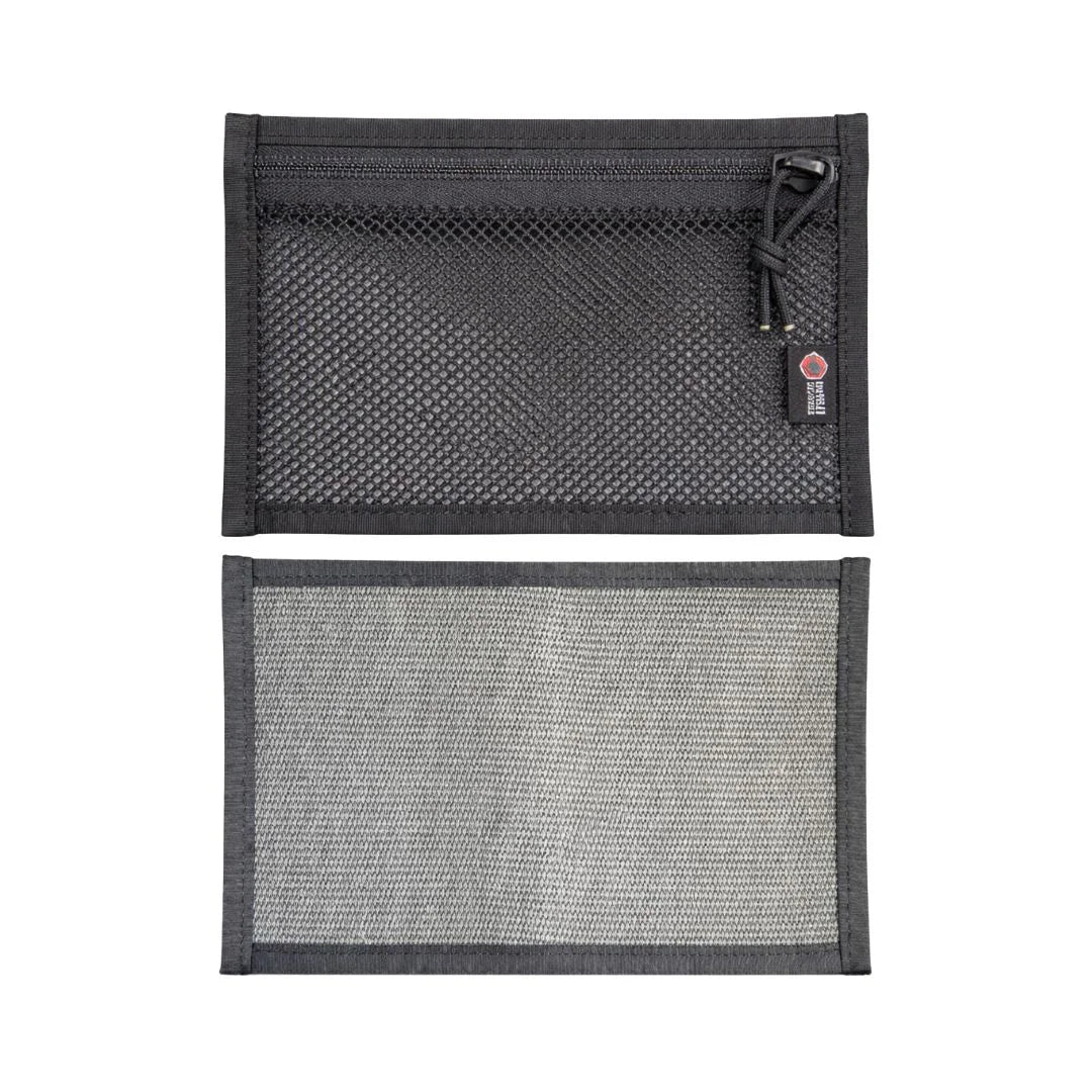 Flat EDC pouch in black, featuring zippered access, made from recycled firehose by Recycled Firefighter.