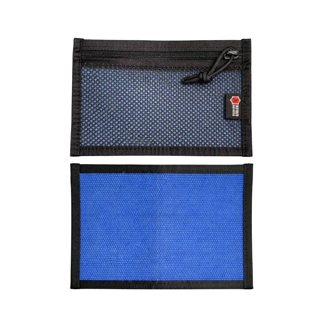Flat EDC Pouch in blue and black, zippered bag made from recycled firehose by Recycled Firefighter, front and back view.