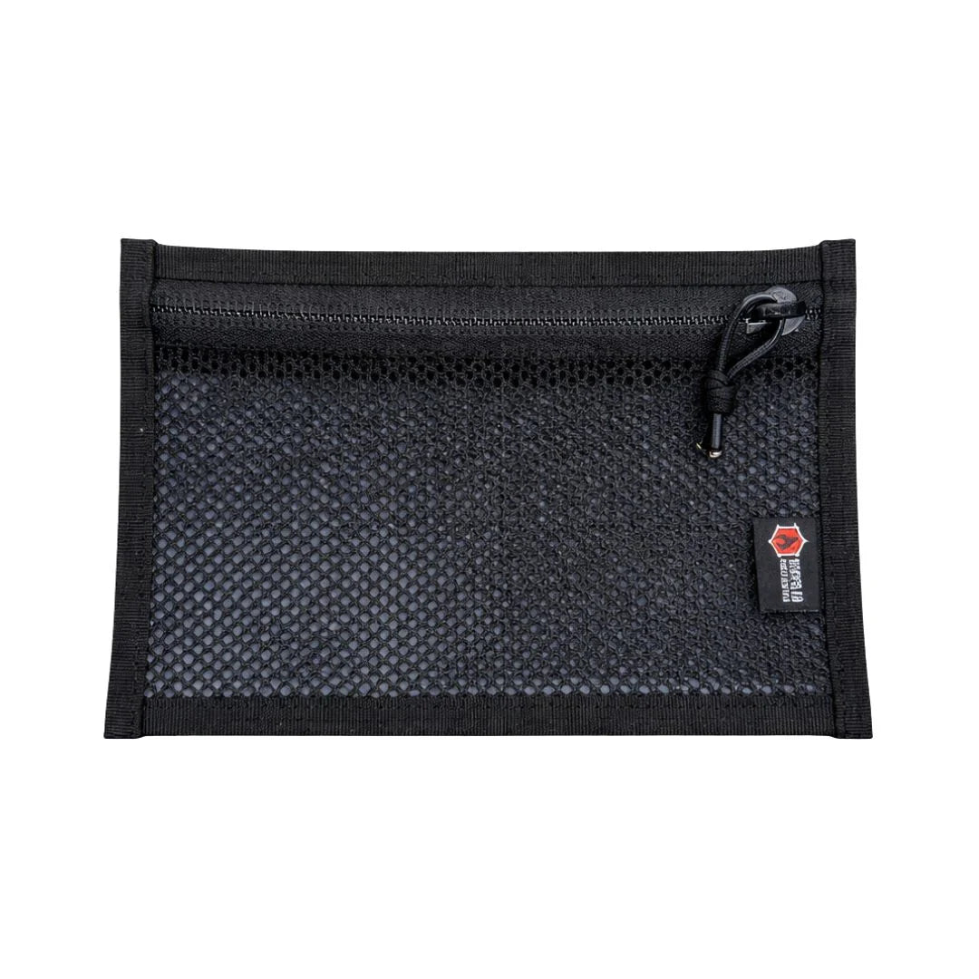 Flat EDC pouch in calico and black, zippered design by Recycled Firefighter, showcasing durable firehose material.