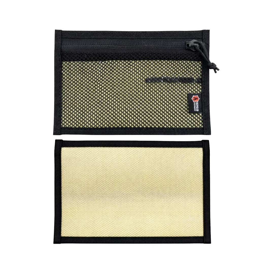 Flat EDC Pouch in light yellow and black, featuring a zippered design by Recycled Firefighter, front and back view.
