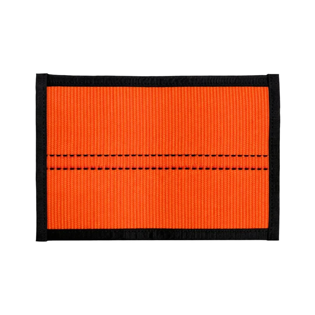 Flat zippered EDC pouch in orange and black, made from recycled firehose by Recycled Firefighter.