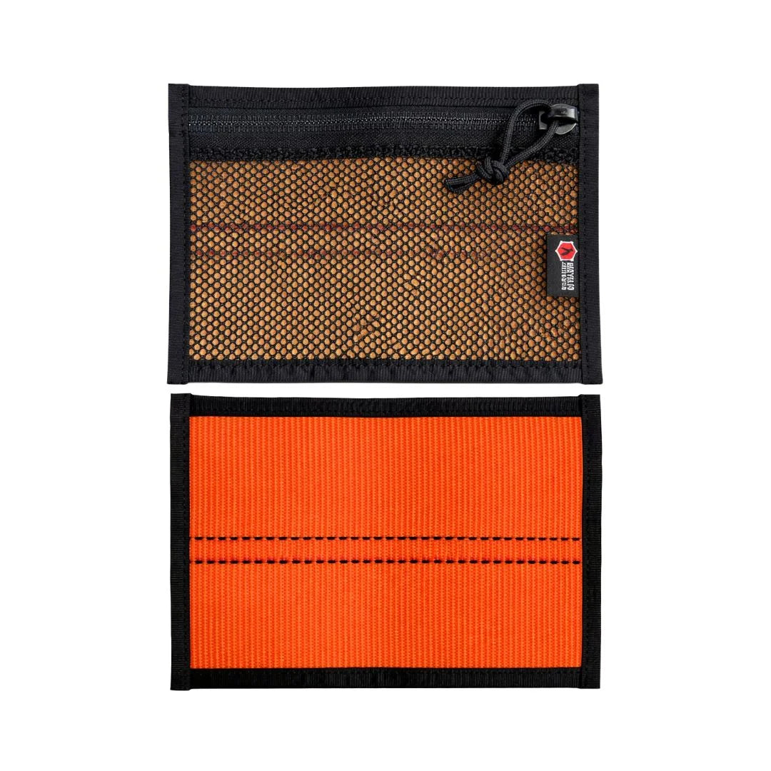 Flat EDC Pouch in orange and black, featuring a zippered design by Recycled Firefighter, showcasing front and back views.