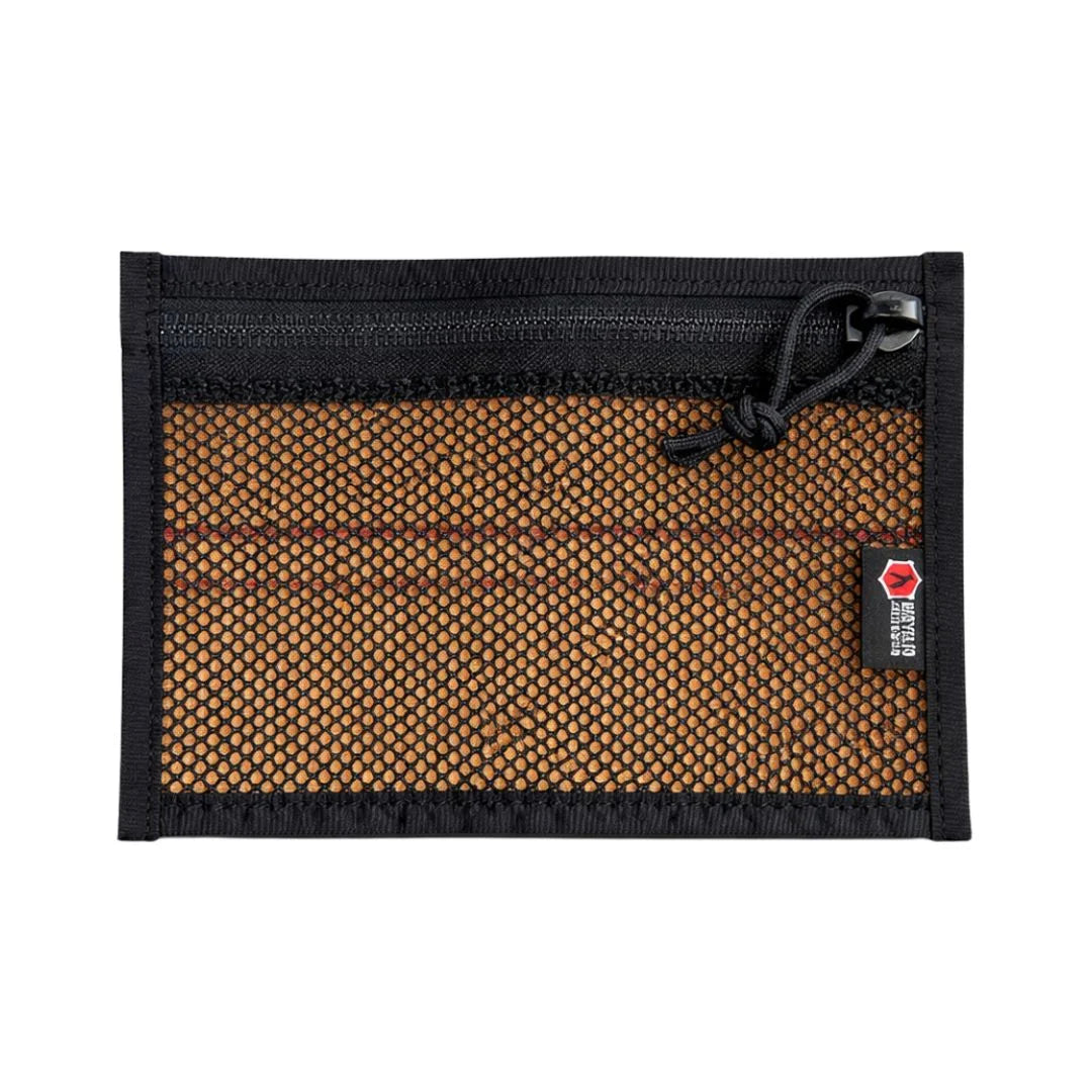 Flat zippered bag in orange and black from Recycled Firefighter, crafted from durable firehose material.
