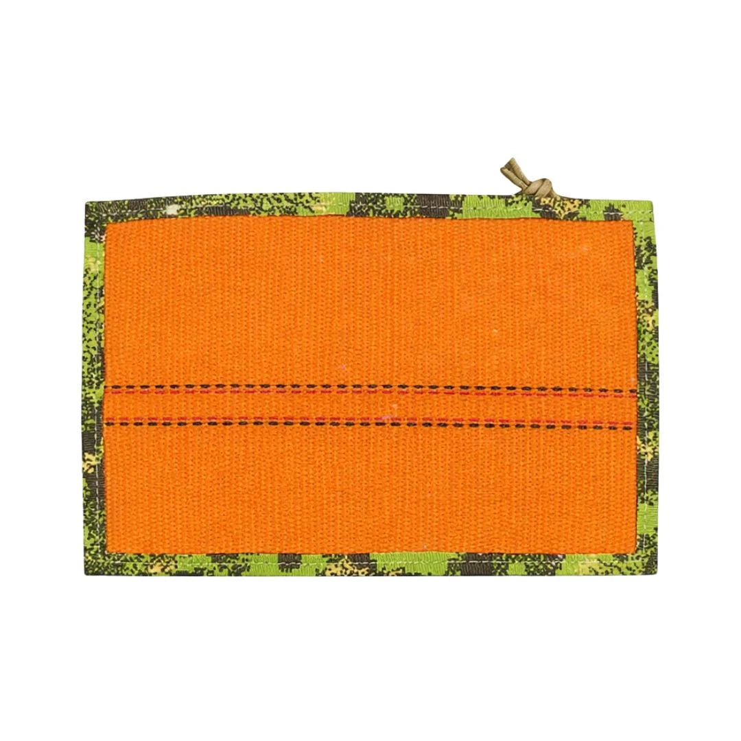 Flat EDC Pouch by Recycled Firefighter in orange and green digital woodland pattern, featuring a zippered closure.