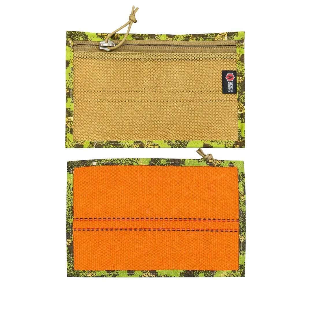 Flat EDC Pouch by Recycled Firefighter in orange and green digital woodland pattern, showcasing front and back views.