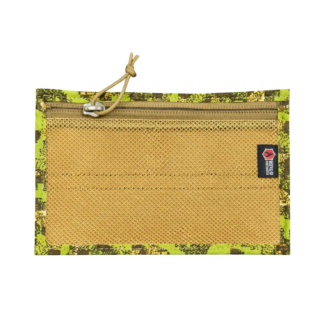 Flat EDC Pouch by Recycled Firefighter in orange and green digital woodland pattern with zipper closure.