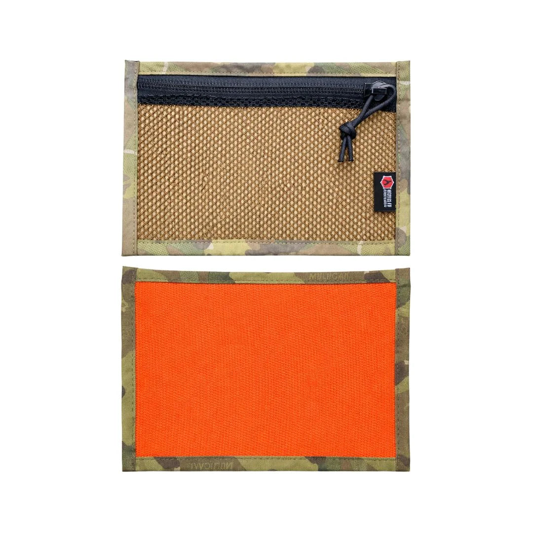 Flat EDC pouch in orange and multicam, featuring a zippered design by Recycled Firefighter. Front and back view.