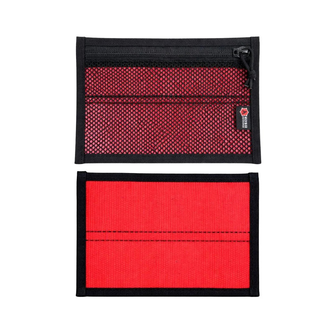 Flat EDC Pouch by Recycled Firefighter in red and black, showcasing front and back views of the zippered bag.
