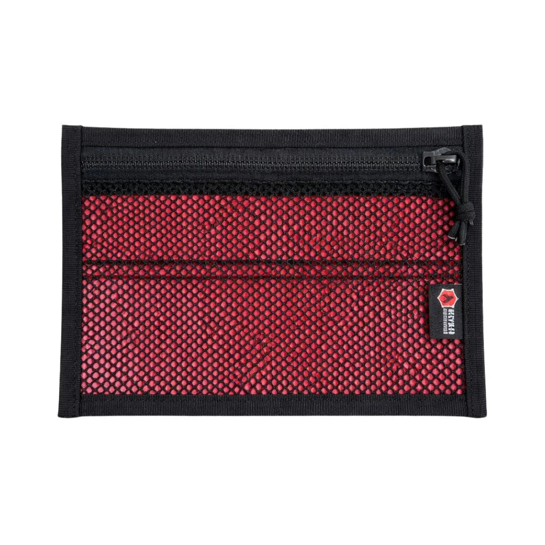 Red and black Flat EDC Pouch by Recycled Firefighter featuring a durable firehose material and zippered closure.